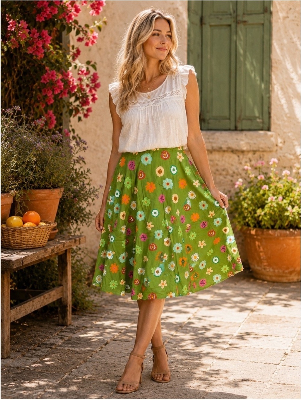 Green Floral Midi Skirt with Pop Daisy Print